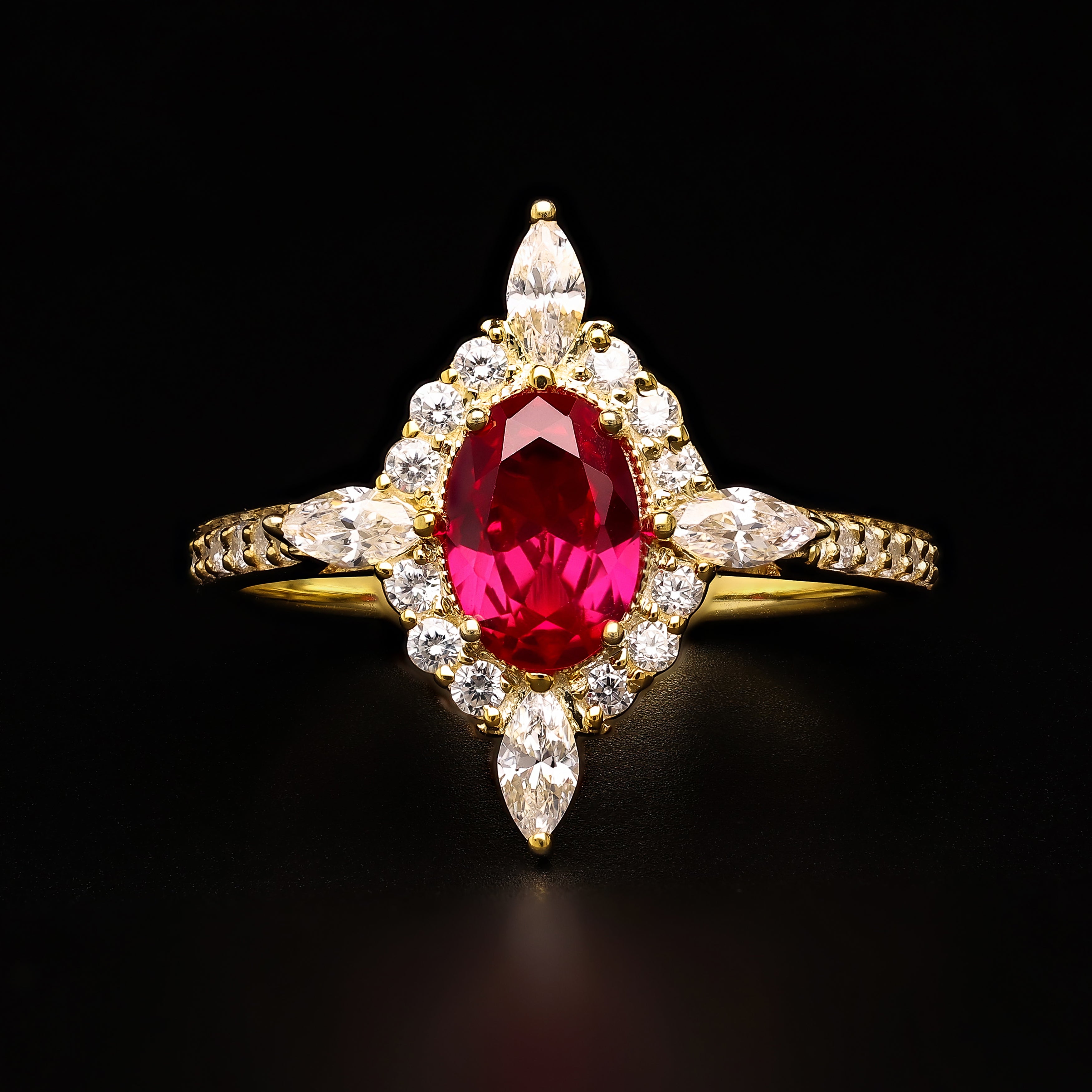 Regal Scarlet Halo – A Marquise & Round Masterpiece