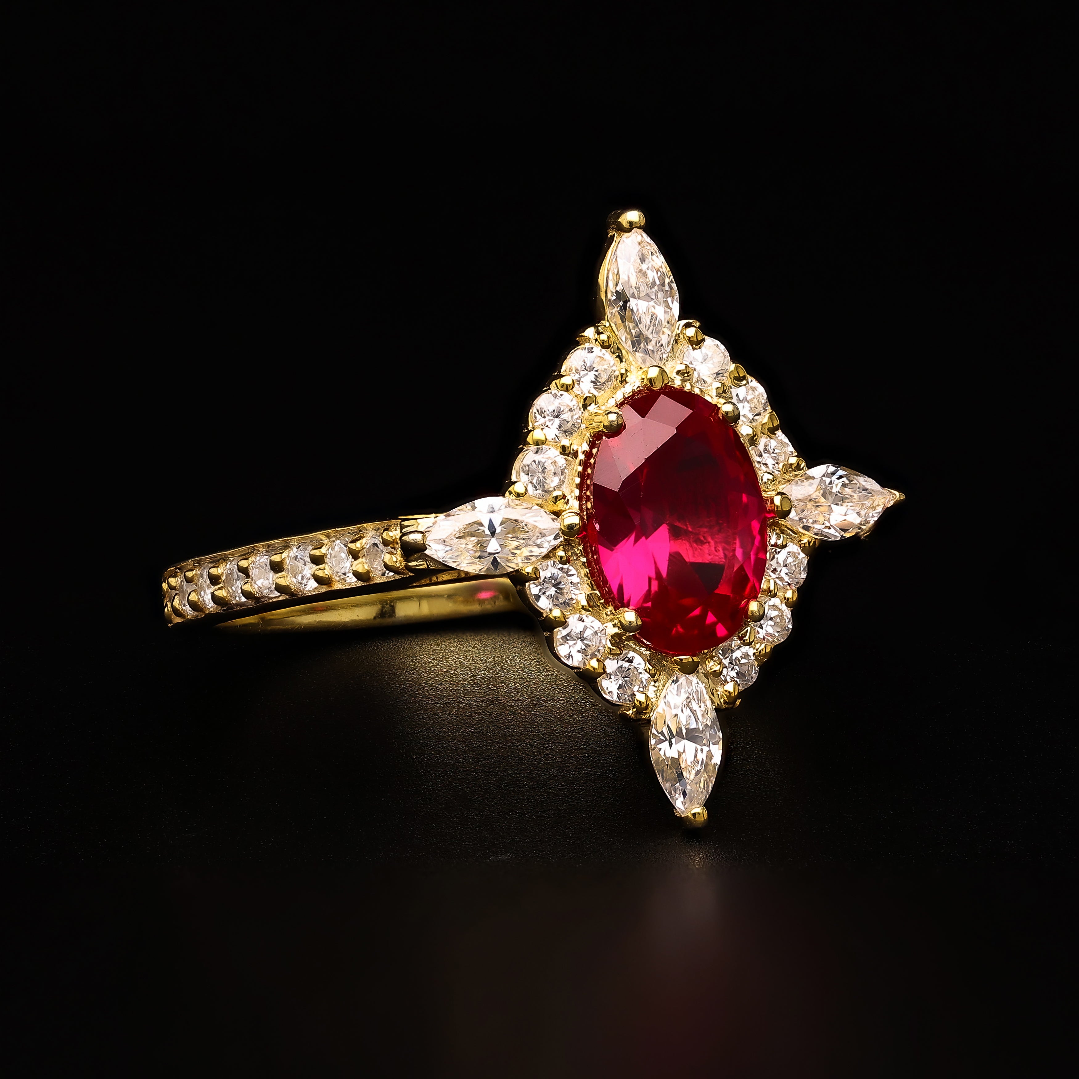 Regal Scarlet Halo – A Marquise & Round Masterpiece