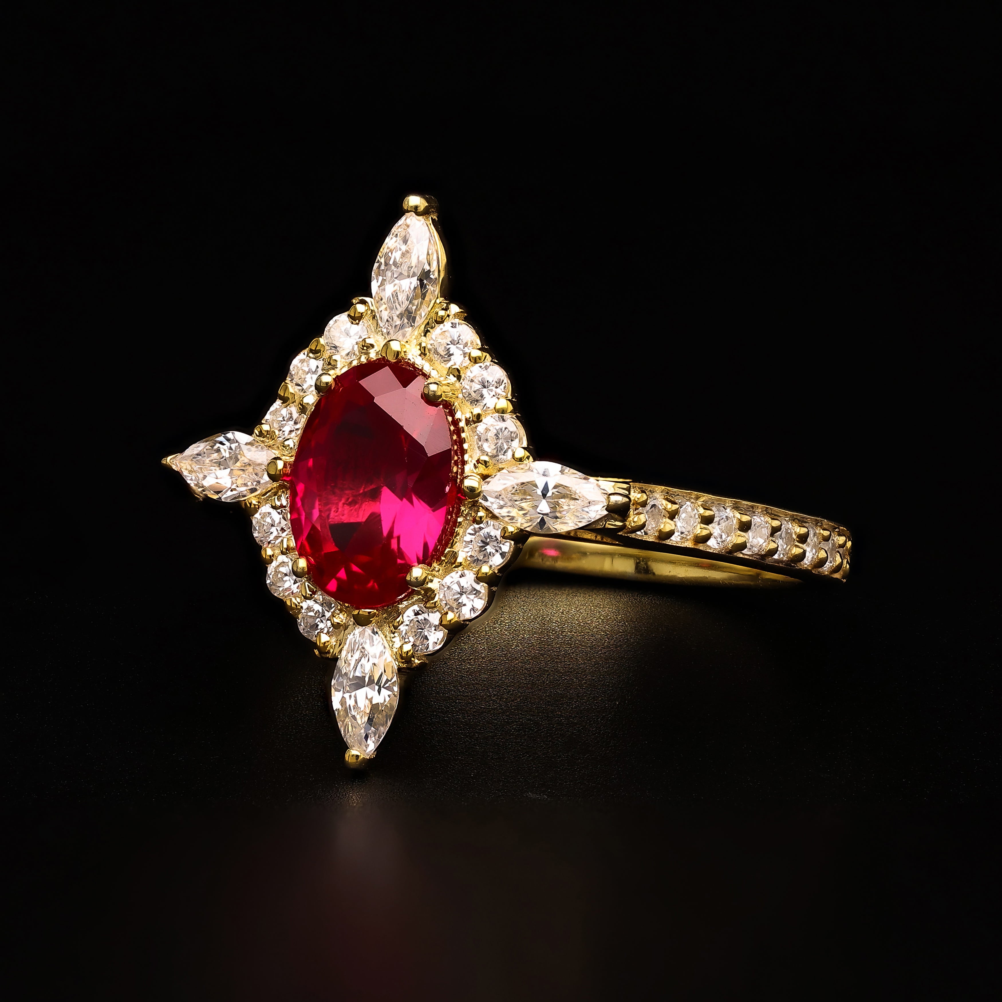 Regal Scarlet Halo – A Marquise & Round Masterpiece