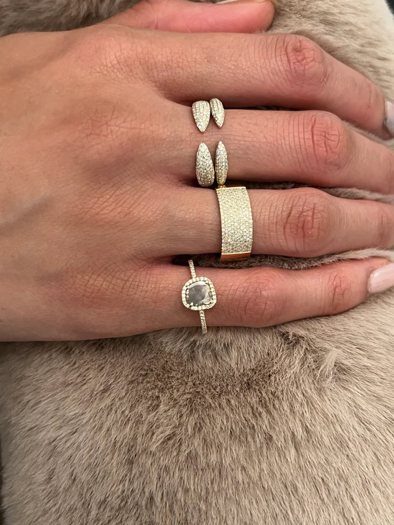 14K Gold Cigar Band Ring with Diamond Edging, Diamond Ring for women