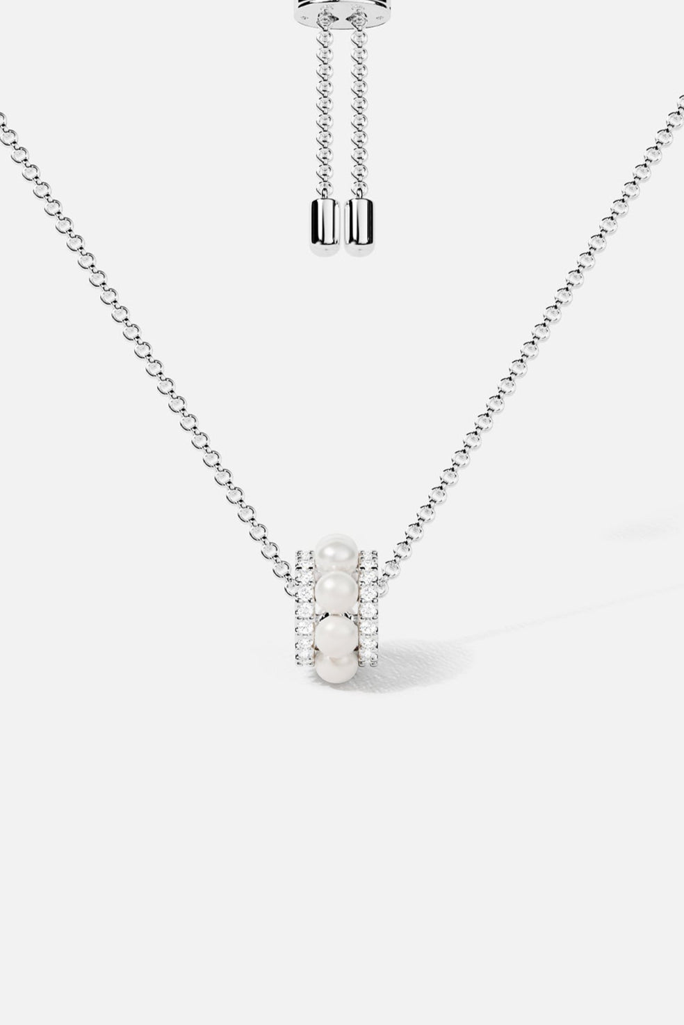 Double Paved Hoop Adjustable Necklace with Pearls