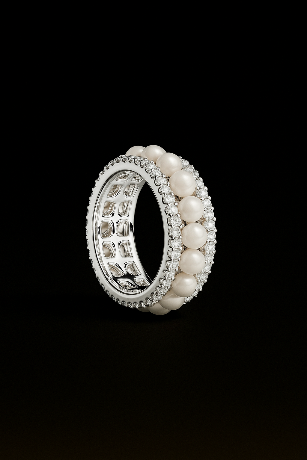 Double Paved Hoop Ring with Pearls