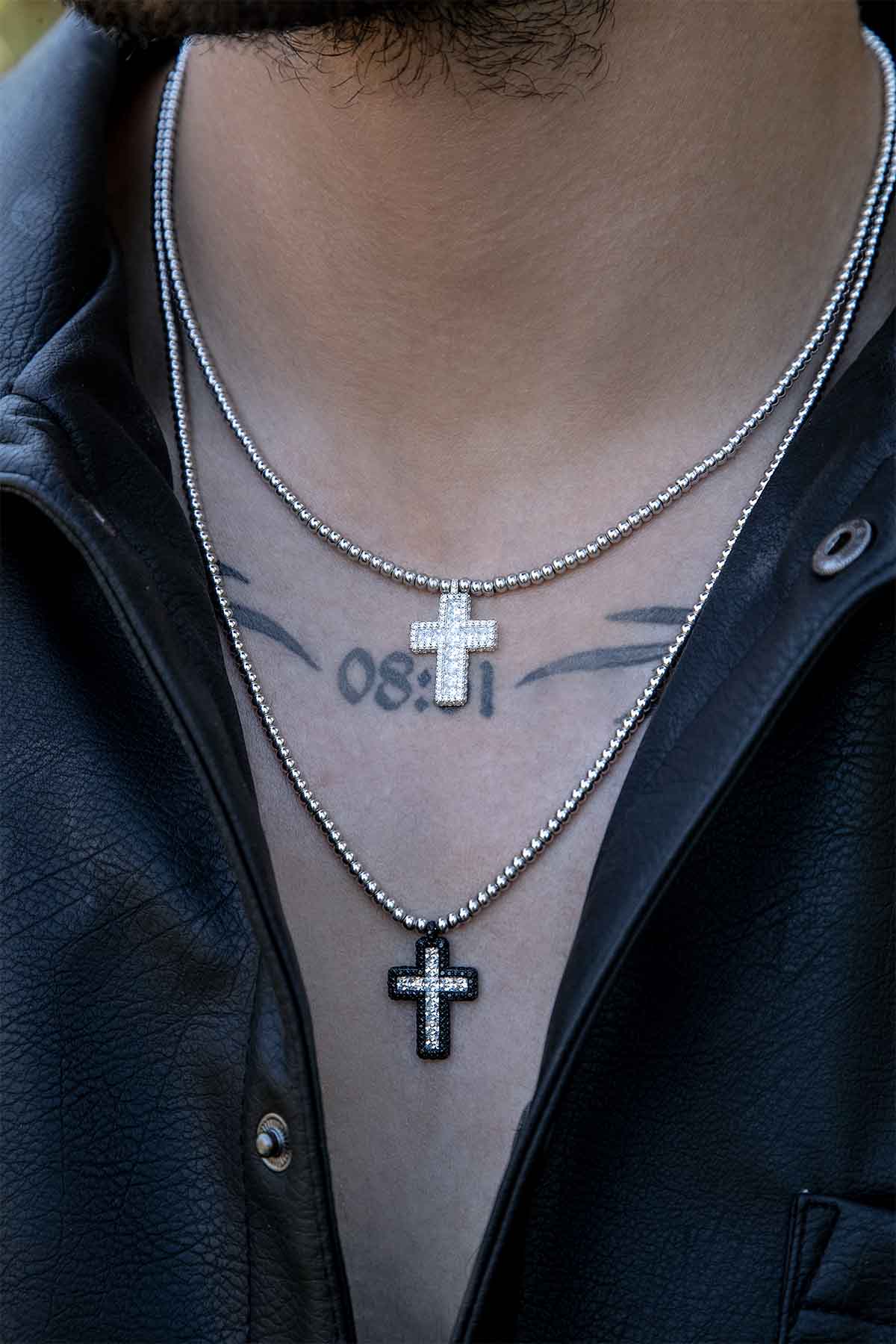 Black Pavé Cross Adjustable Necklace with Beads