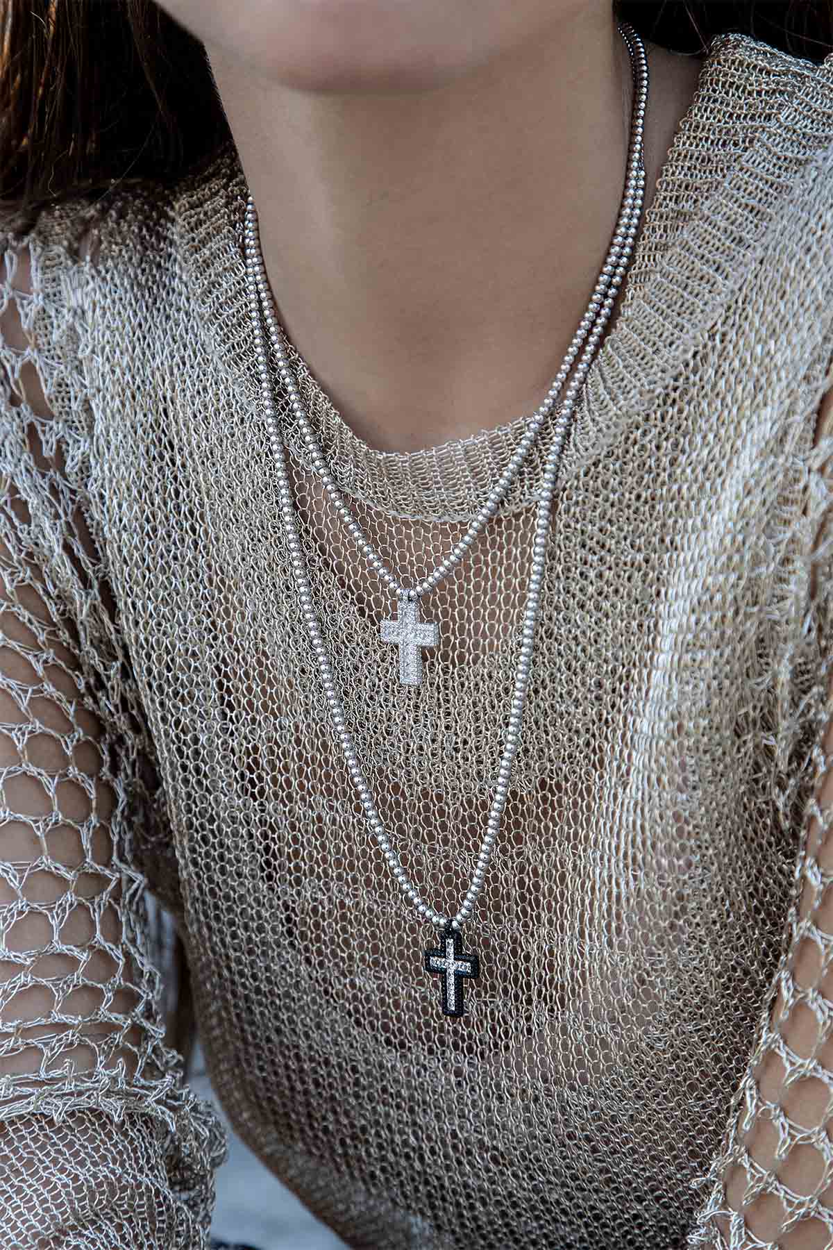 Black Pavé Cross Adjustable Necklace with Beads