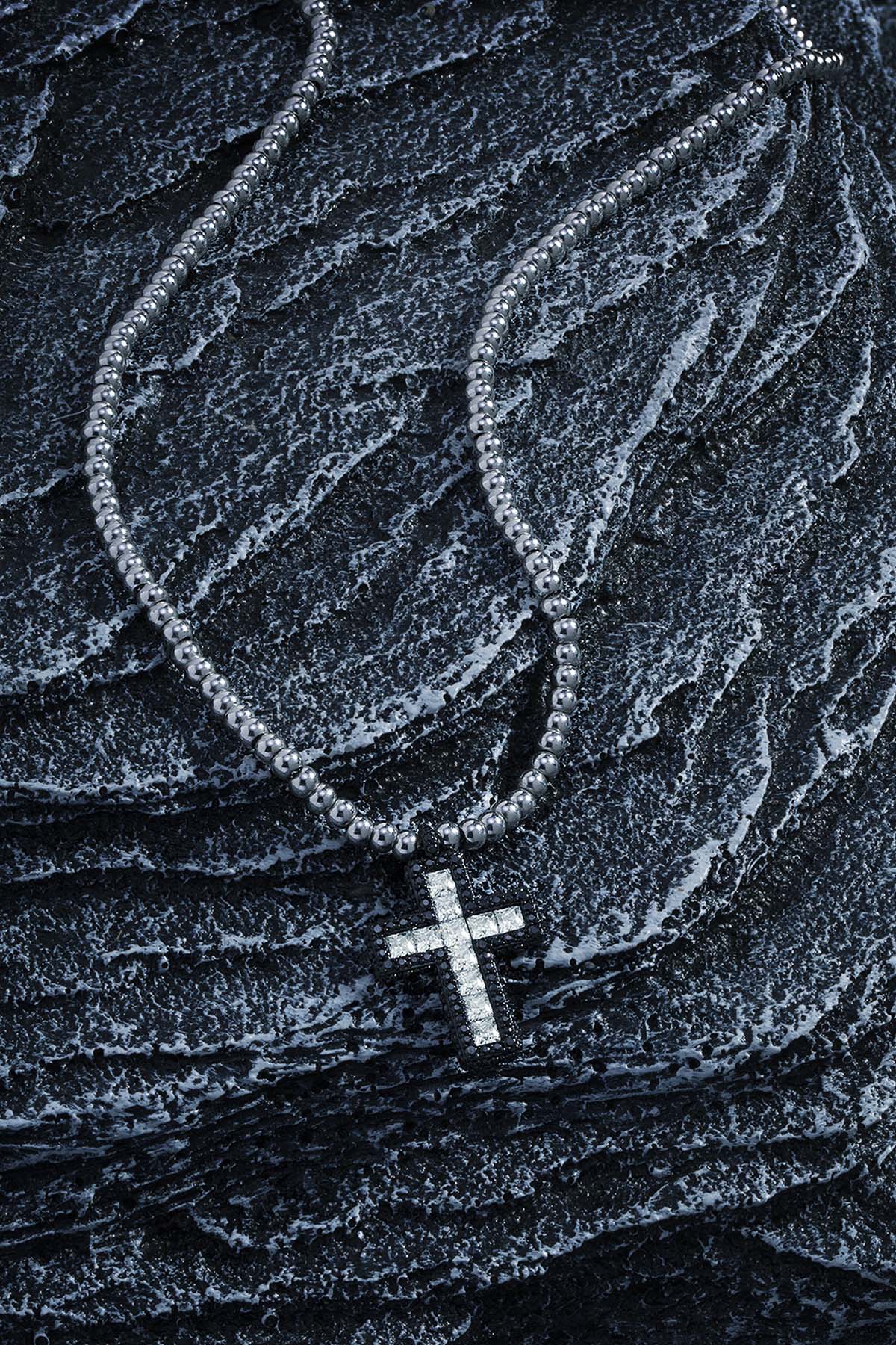 Black Pavé Cross Adjustable Necklace with Beads