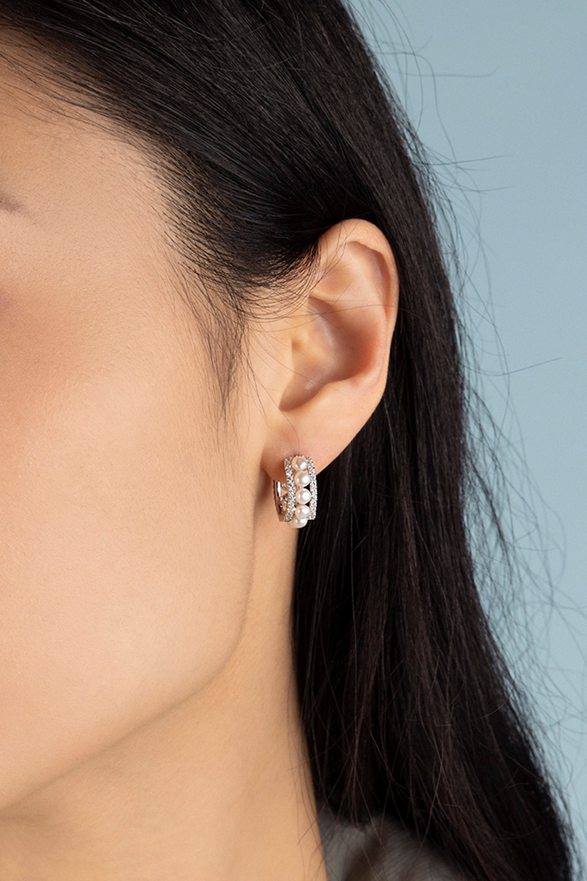 Small Double Paved Hoop Earrings with Pearls