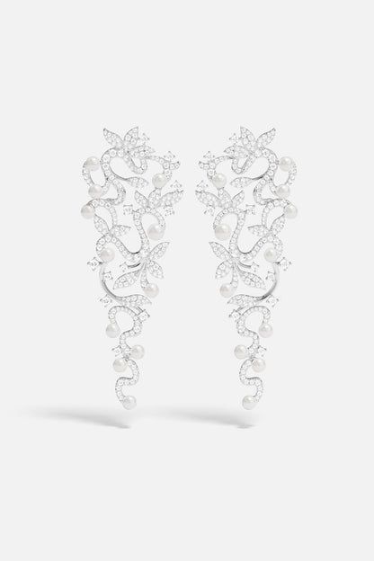 Long Flower Drop Earrings with Pearls