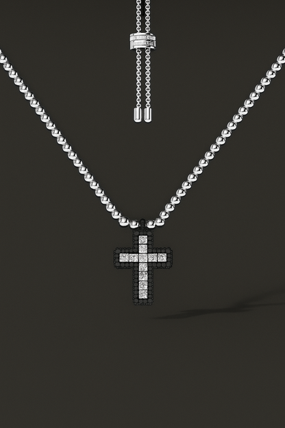Black Pavé Cross Adjustable Necklace with Beads