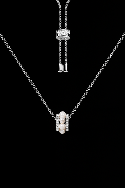 Double Paved Hoop Adjustable Necklace with Pearls