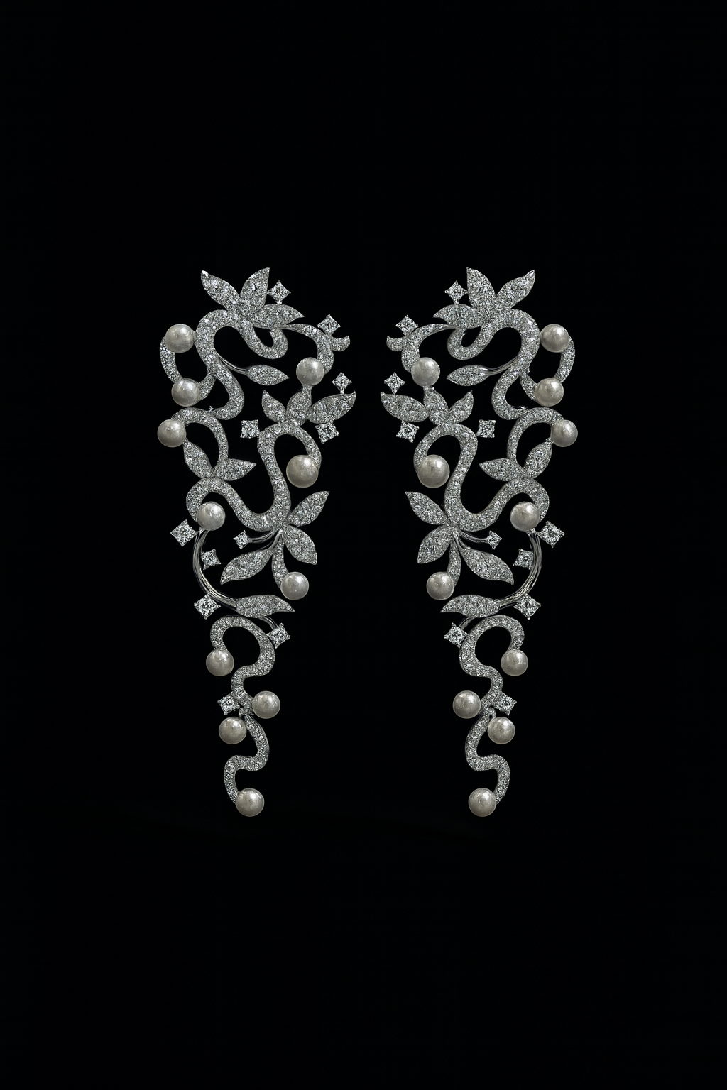 Long Flower Drop Earrings with Pearls