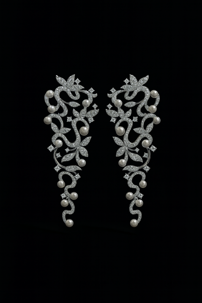 Long Flower Drop Earrings with Pearls