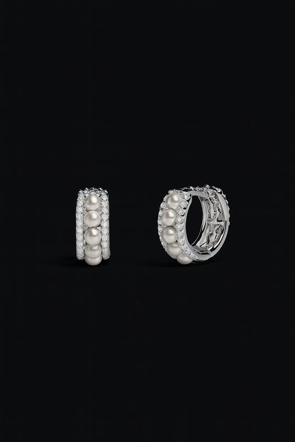 Small Double Paved Hoop Earrings with Pearls