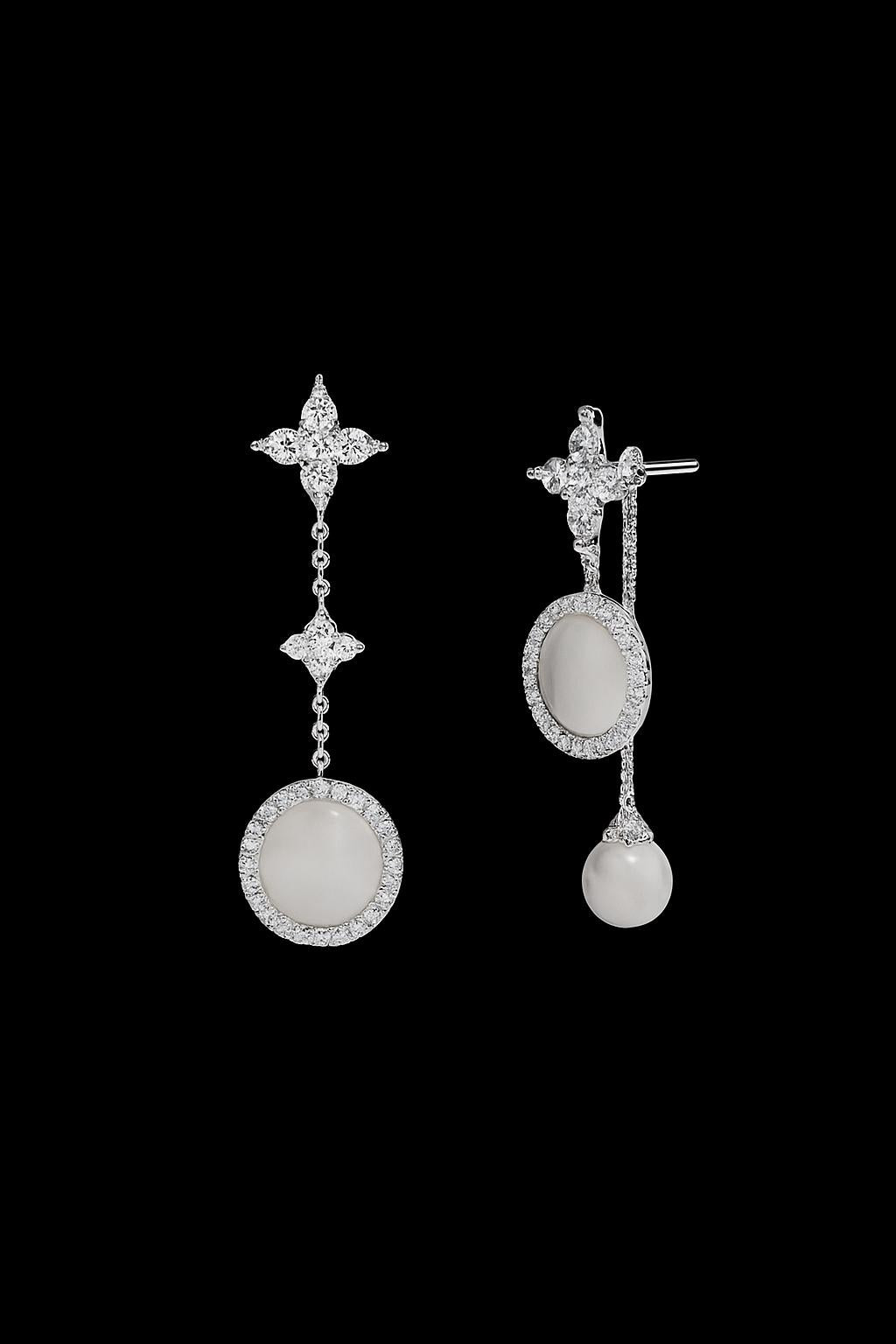 Asymmetric White Nacre and Pearl Drop Earrings