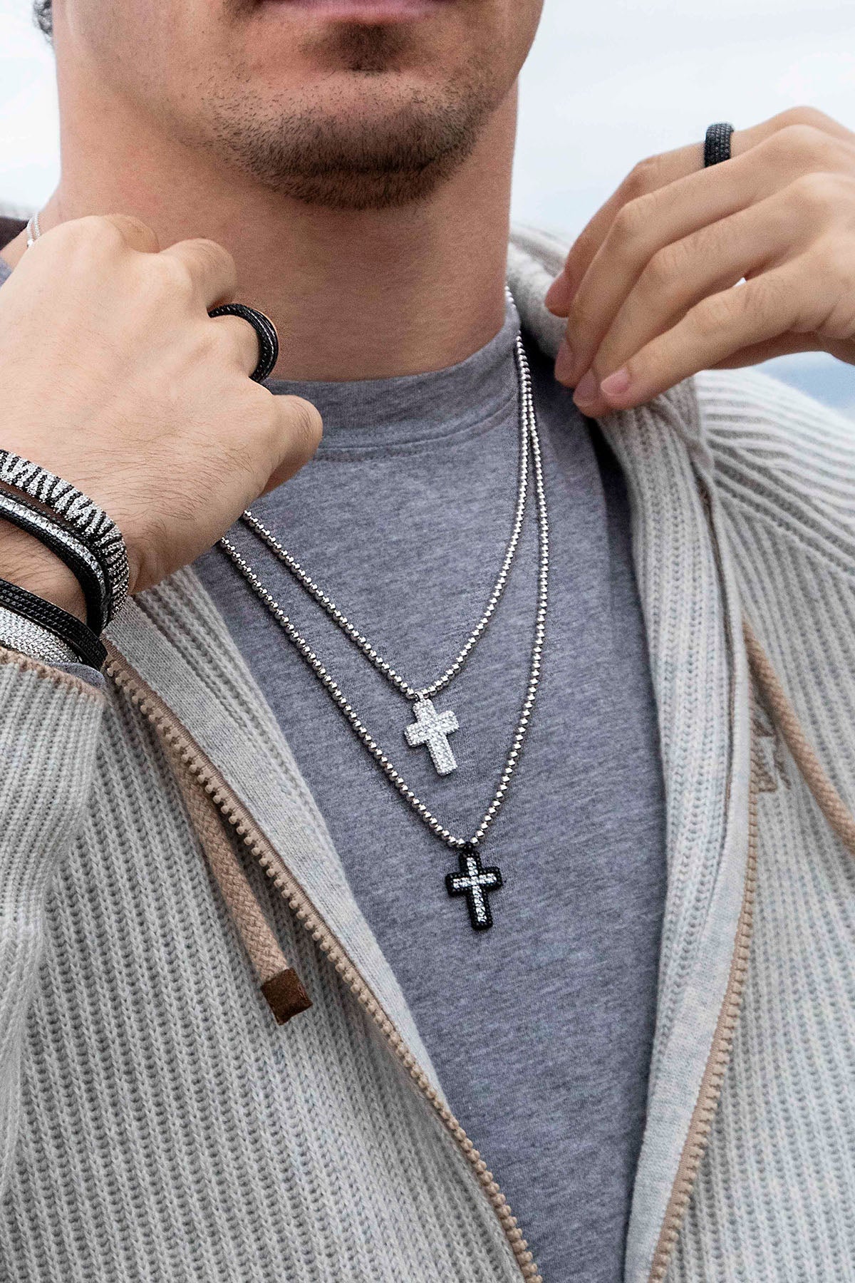Pavé Cross Adjustable Necklace with Beads
